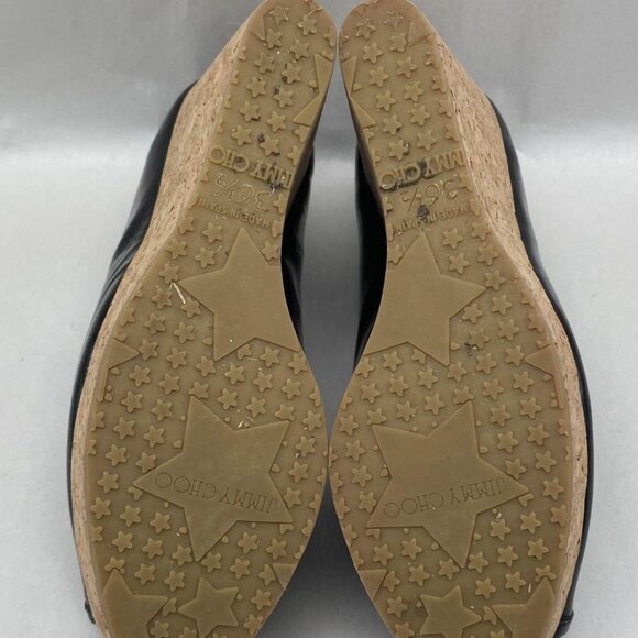 Jimmy Choo Black Patent Leather Peep Toe Cork Wedge Heels - Picture 6 of 8